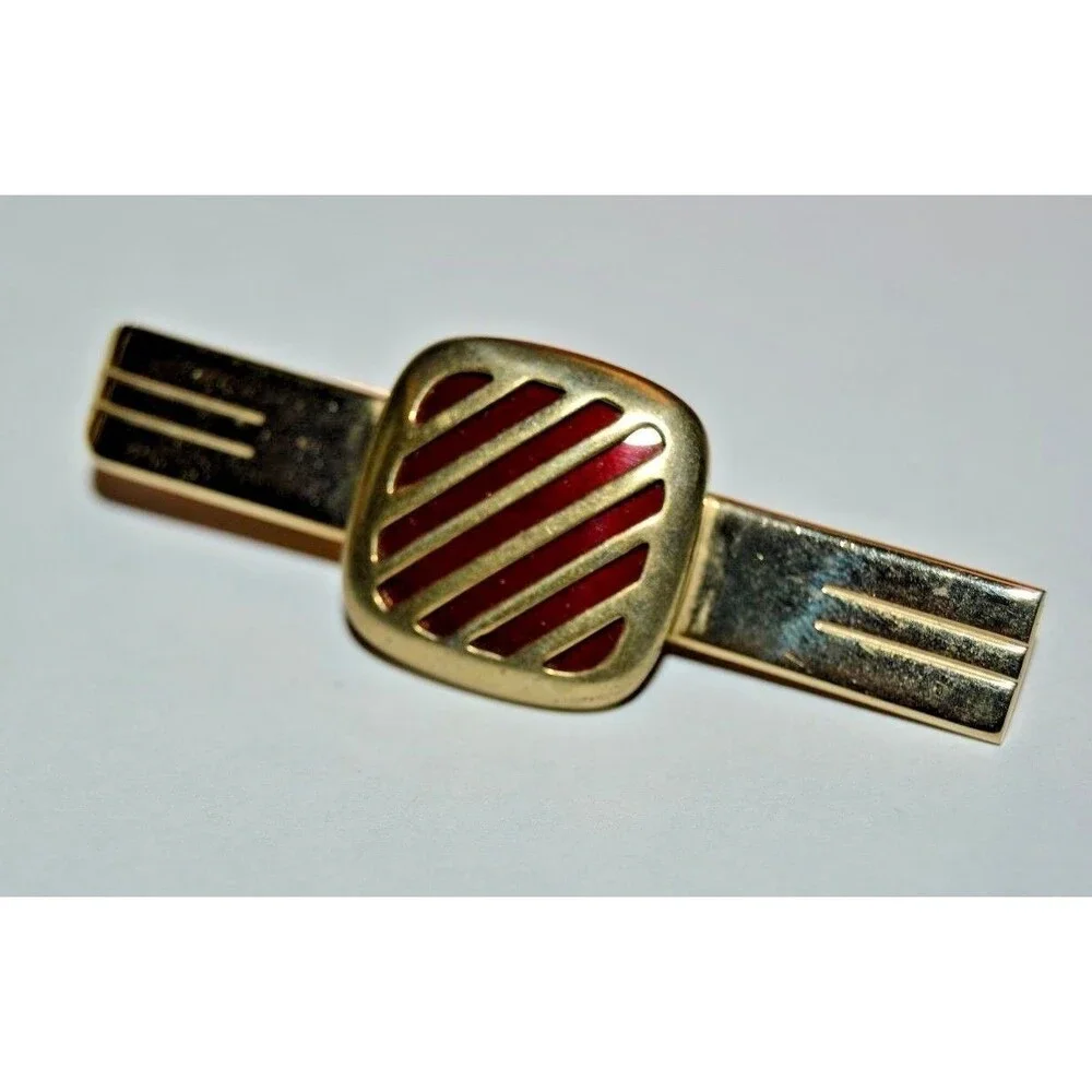 Vintage Brass with Red Accents 1960s Classic Men's Cuff Links & Tie Bar Set Rare